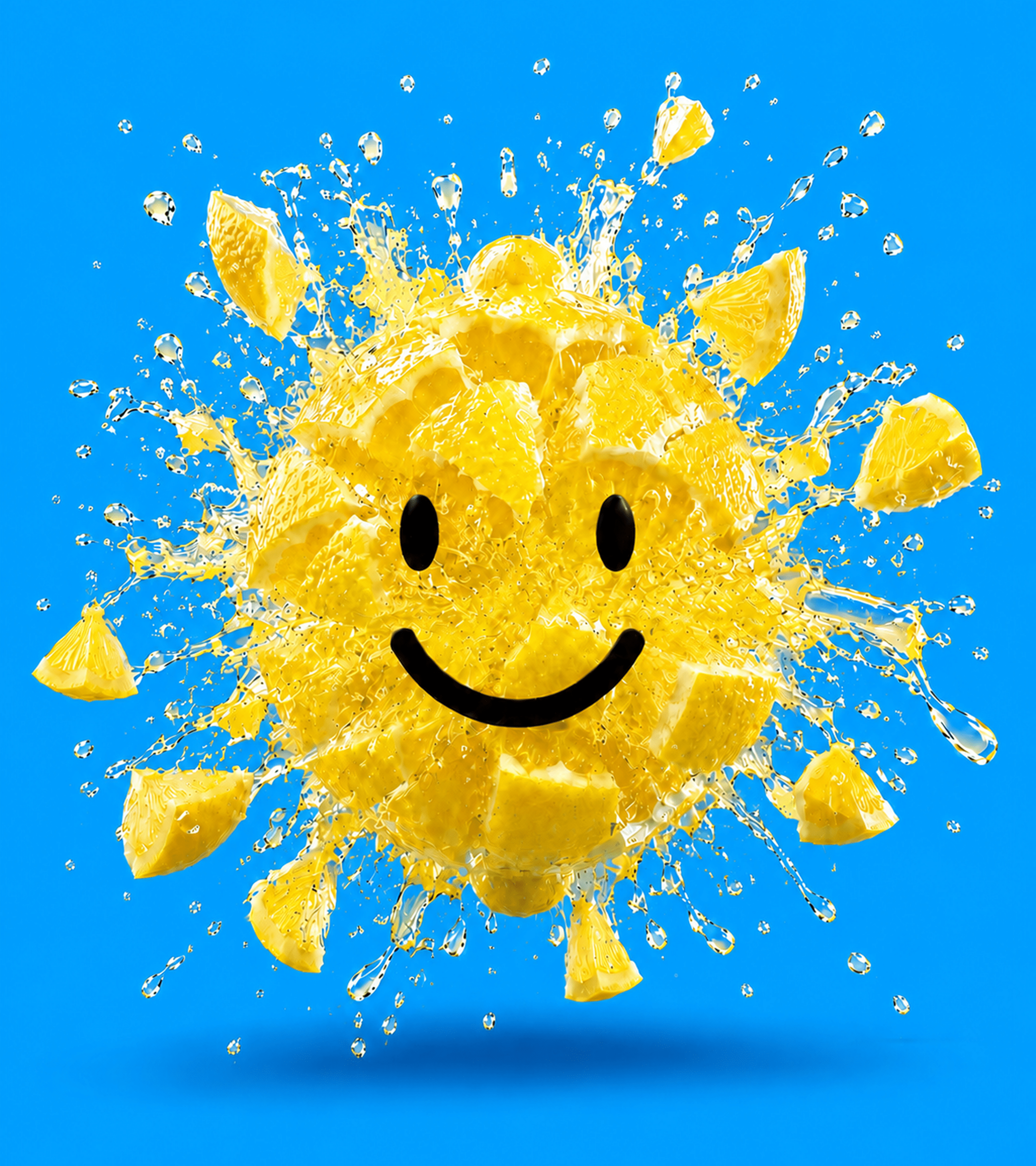 Un citron souriant éclaboussé d'eau et de quartiers de citron, sur fond bleu